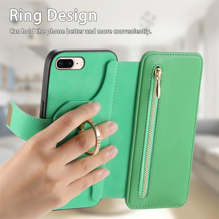 For iPhone 7 Plus / 8 Plus Ring Zipper Wallet RFID Blocking MagSafe Leather Phone Case(Green) - More iPhone Cases by buy2fix | Online Shopping UK | buy2fix