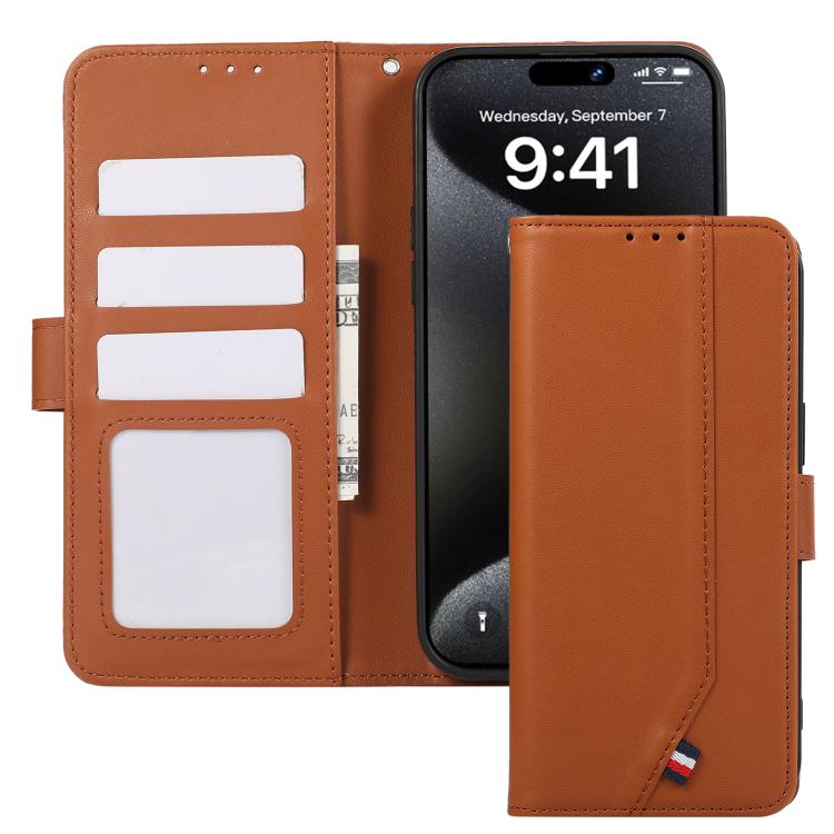 For iPhone 17 ABEEL Delicate Texture Splicing RFID Leather Phone Case(Brown) - iPhone 17 Cases by buy2fix | Online Shopping UK | buy2fix