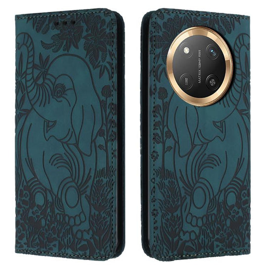 For Honor Magic7 Lite Retro Elephant Embossed Leather Phone Case(Green)