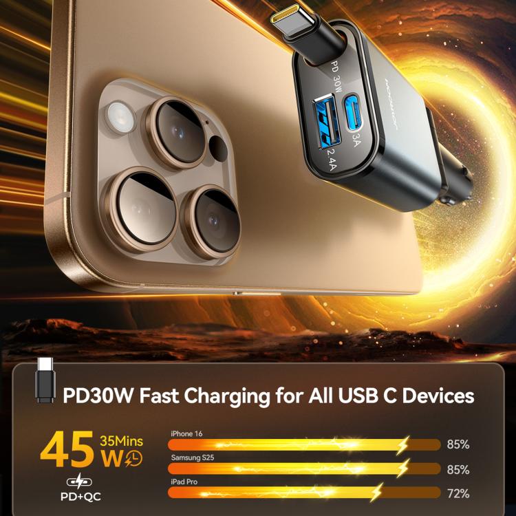 JOYROOM JR-CCL07 3 in 1 Retractable Car Charger(Dark Gray) - Car Charger by JOYROOM | Online Shopping UK | buy2fix