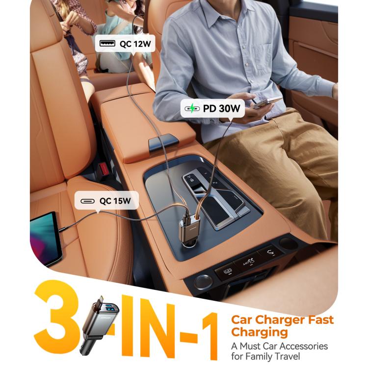 JOYROOM JR-CCL07 3 in 1 Retractable Car Charger(Dark Gray) - Car Charger by JOYROOM | Online Shopping UK | buy2fix