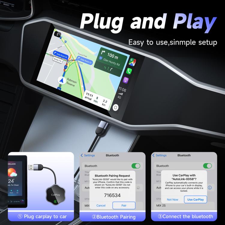 USB Wired to Wireless Car CarPlay Box Adapter, with Type-C Adapter(Black) - Bluetooth Adapters by buy2fix | Online Shopping UK | buy2fix