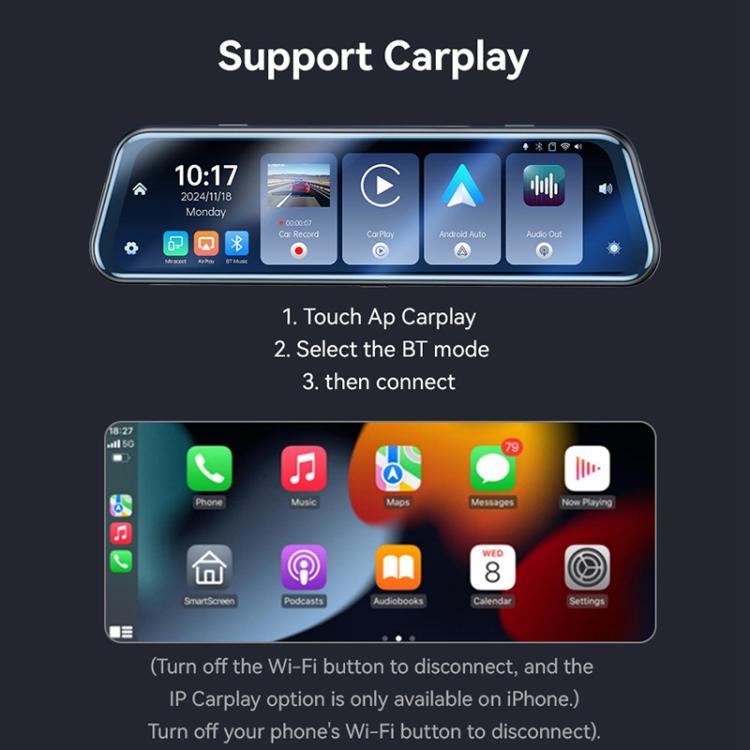 Yesido KM24 9.66 inch HD Image Reversing Assist CarPlay Streaming Rearview Mirror Dash Cam(Black) - Car DVRs by Yesido | Online Shopping UK | buy2fix