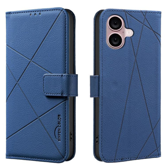 For iPhone 16 Geometric Pattern RFID Leather Phone Case(Blue)