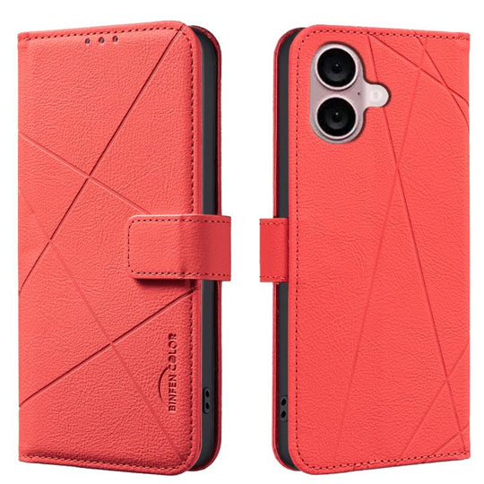 For iPhone 16 Geometric Pattern RFID Leather Phone Case(Red)