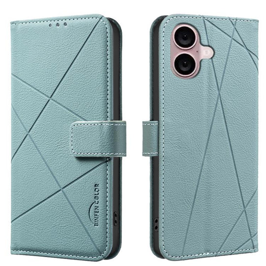 For iPhone 16 Geometric Pattern RFID Leather Phone Case(Green)