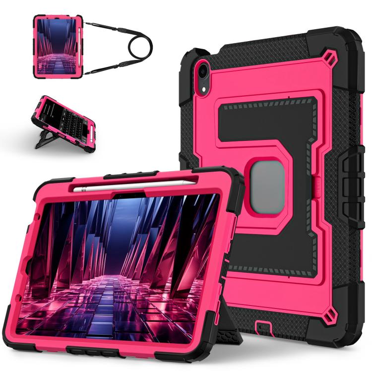 For iPad mini 6 2021 / mini 2024 Big Holder Silicone Hydric PC Tablet Case with Shoulder Strap(Black Rose Red) - iPad mini 2024 Cases by buy2fix | Online Shopping UK | buy2fix