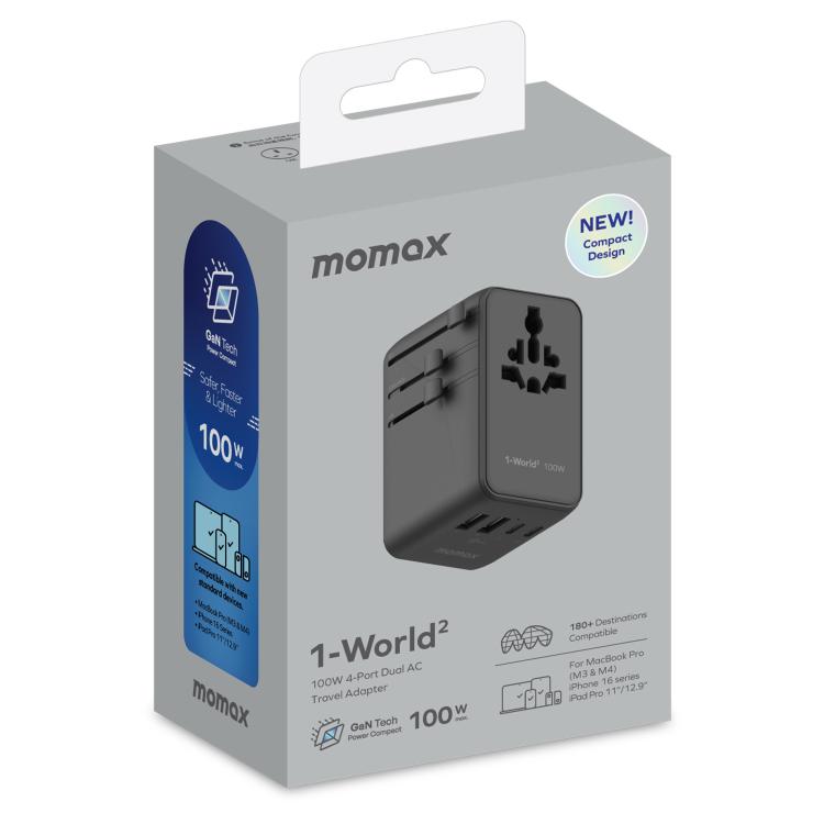 MOMAX UA23 1-World 2 4-Port Mini Universal Travel GaN Charger 100W with Dual AC(Black) - Plug Adaptor by MOMAX | Online Shopping UK | buy2fix
