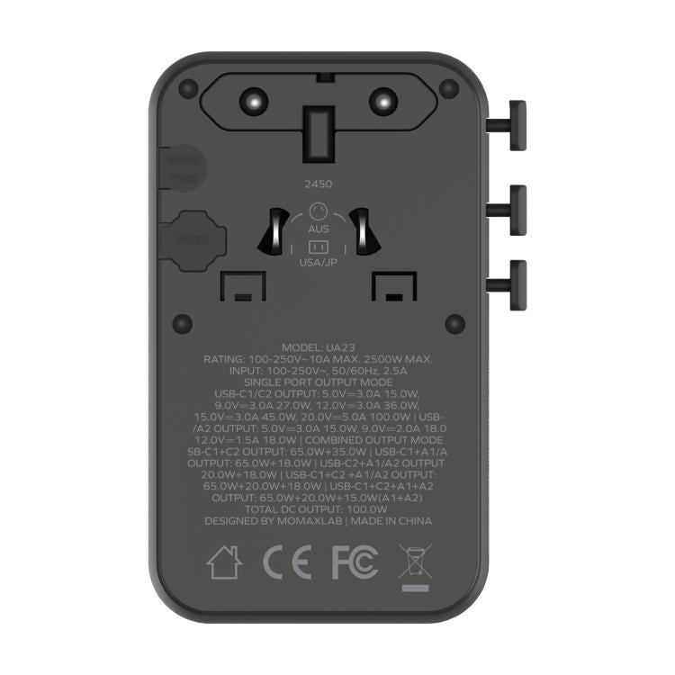 MOMAX UA23 1-World 2 4-Port Mini Universal Travel GaN Charger 100W with Dual AC(Titanium) - Plug Adaptor by MOMAX | Online Shopping UK | buy2fix
