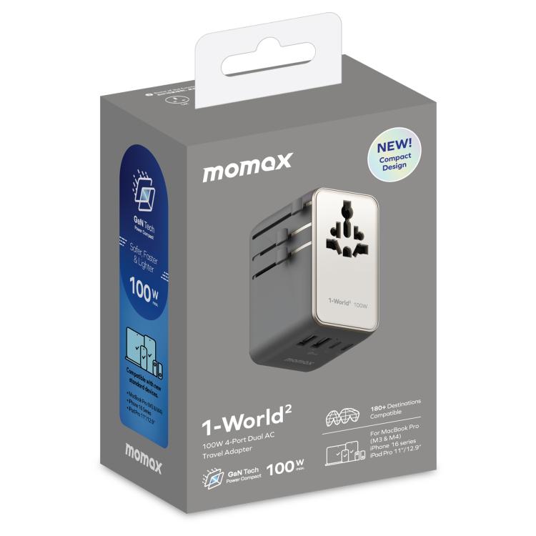 MOMAX UA23 1-World 2 4-Port Mini Universal Travel GaN Charger 100W with Dual AC(Titanium) - Plug Adaptor by MOMAX | Online Shopping UK | buy2fix