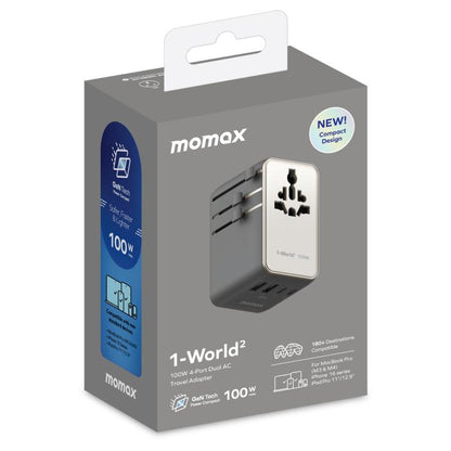 MOMAX UA23 1-World 2 4-Port Mini Universal Travel GaN Charger 100W with Dual AC(Titanium) - Plug Adaptor by MOMAX | Online Shopping UK | buy2fix