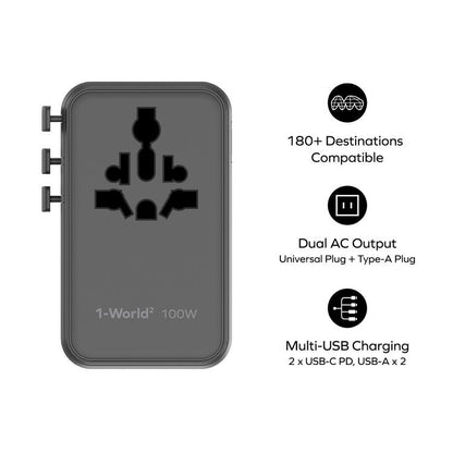 MOMAX UA23 1-World 2 4-Port Mini Universal Travel GaN Charger 100W with Dual AC(Titanium) - Plug Adaptor by MOMAX | Online Shopping UK | buy2fix