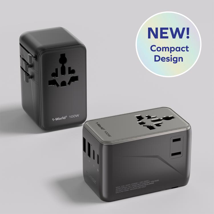 MOMAX UA23 1-World 2 4-Port Mini Universal Travel GaN Charger 100W with Dual AC(Black) - Plug Adaptor by MOMAX | Online Shopping UK | buy2fix