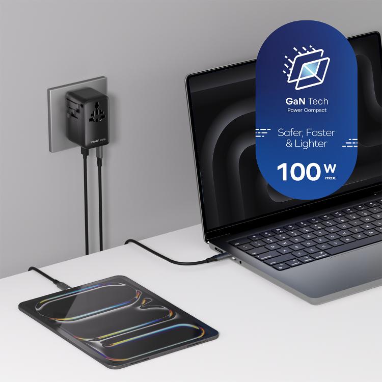 MOMAX UA23 1-World 2 4-Port Mini Universal Travel GaN Charger 100W with Dual AC(Titanium) - Plug Adaptor by MOMAX | Online Shopping UK | buy2fix