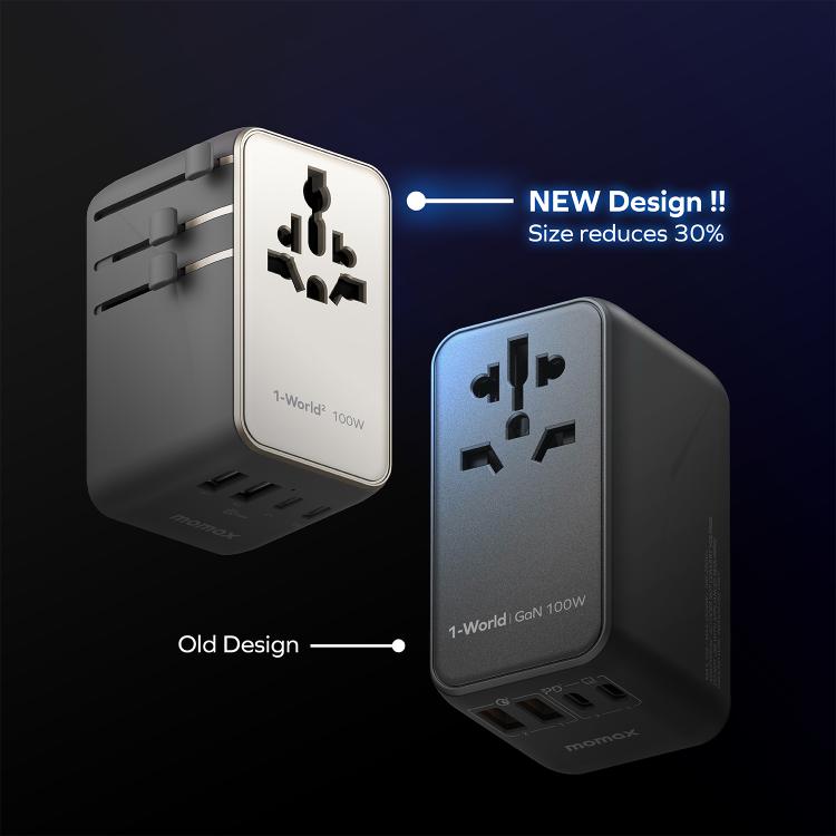 MOMAX UA23 1-World 2 4-Port Mini Universal Travel GaN Charger 100W with Dual AC(Titanium) - Plug Adaptor by MOMAX | Online Shopping UK | buy2fix