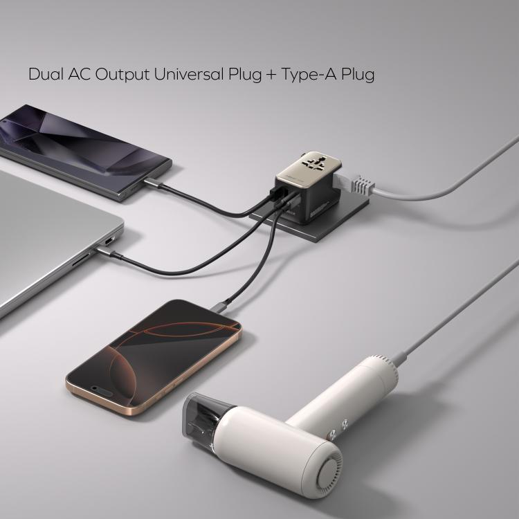 MOMAX UA23 1-World 2 4-Port Mini Universal Travel GaN Charger 100W with Dual AC(Titanium) - Plug Adaptor by MOMAX | Online Shopping UK | buy2fix