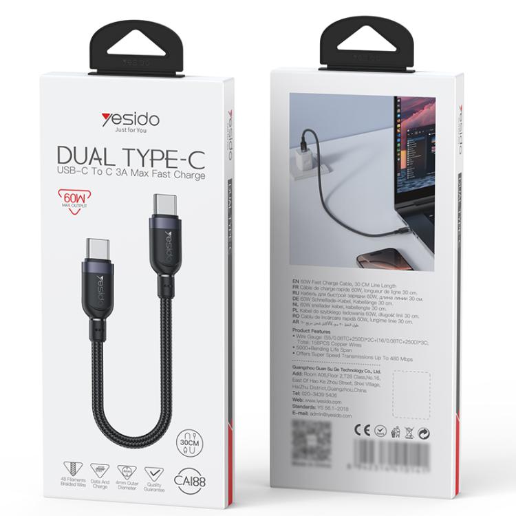 Yesido CA188 60W 3A USB-C / Type-C to Type-C Charging Data Cable, Length:0.3m(Black) - USB-C & Type-C Cable by Yesido | Online Shopping UK | buy2fix