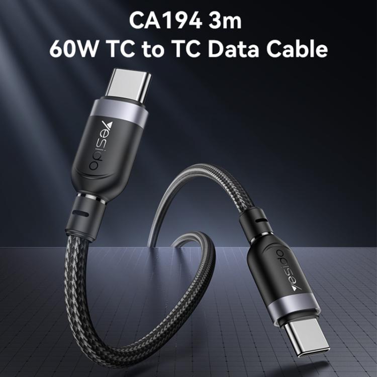 Yesido CA194 60W 3A USB-C / Type-C to Type-C Charging Data Cable, Length:3m(Black) - USB-C & Type-C Cable by Yesido | Online Shopping UK | buy2fix