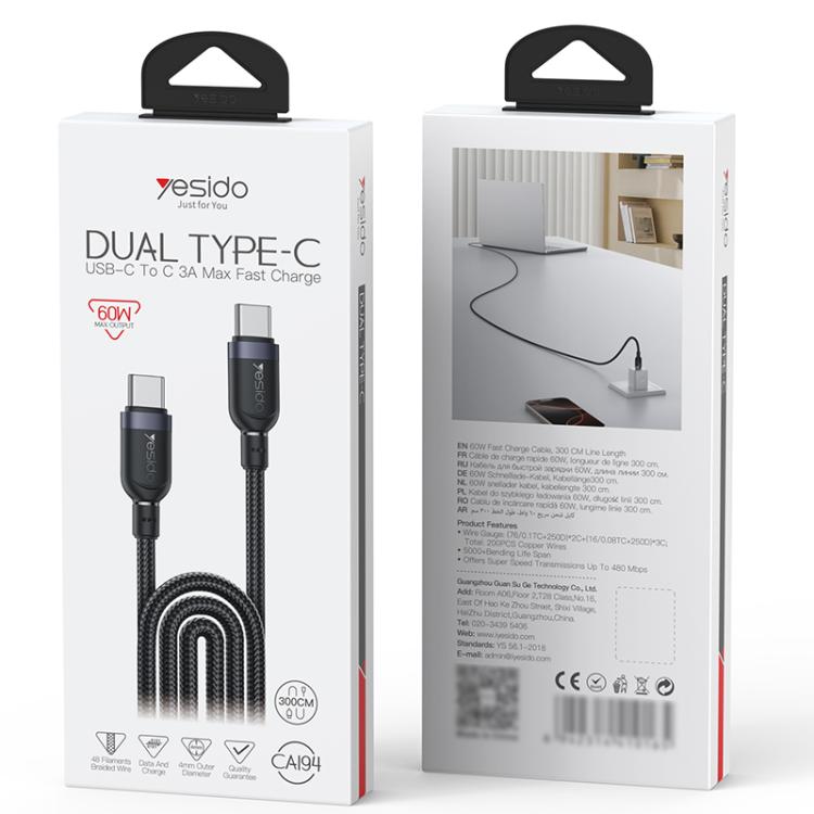 Yesido CA194 60W 3A USB-C / Type-C to Type-C Charging Data Cable, Length:3m(Black) - USB-C & Type-C Cable by Yesido | Online Shopping UK | buy2fix