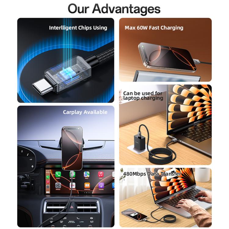 Yesido CA196 60W 3A USB-C / Type-C to Type-C Zinc Alloy Data Cable, Length:1.2m(Black) - USB-C & Type-C Cable by Yesido | Online Shopping UK | buy2fix