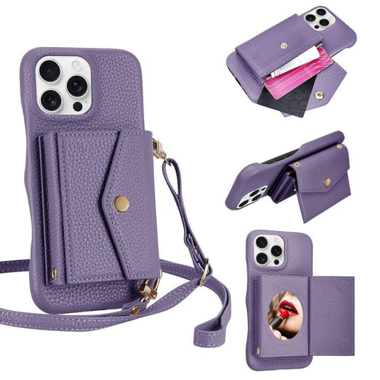 For iPhone 16 Pro Max Litchi Texture Horizontal Card Bag Holder Phone Case with Long Lanyard(Purple) - iPhone 16 Pro Max Cases by buy2fix | Online Shopping UK | buy2fix