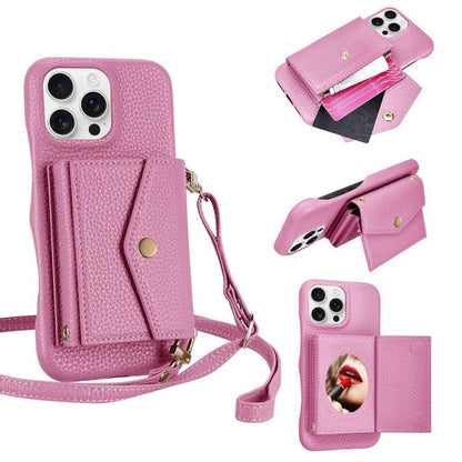 For iPhone 16 Pro Litchi Texture Horizontal Card Bag Holder Phone Case with Long Lanyard(Pink) - iPhone 16 Pro Cases by buy2fix | Online Shopping UK | buy2fix