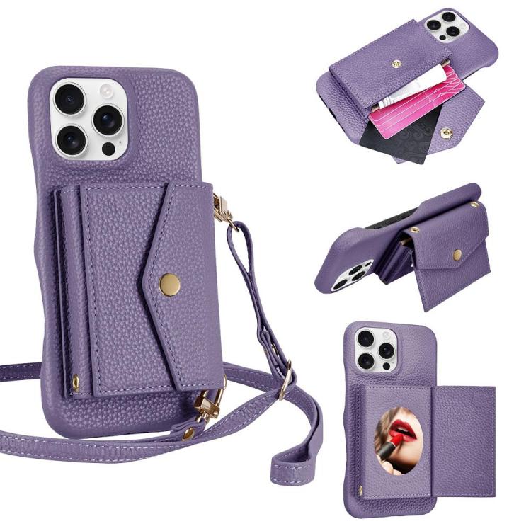 For iPhone 16 Pro Litchi Texture Horizontal Card Bag Holder Phone Case with Long Lanyard(Purple) - iPhone 16 Pro Cases by buy2fix | Online Shopping UK | buy2fix