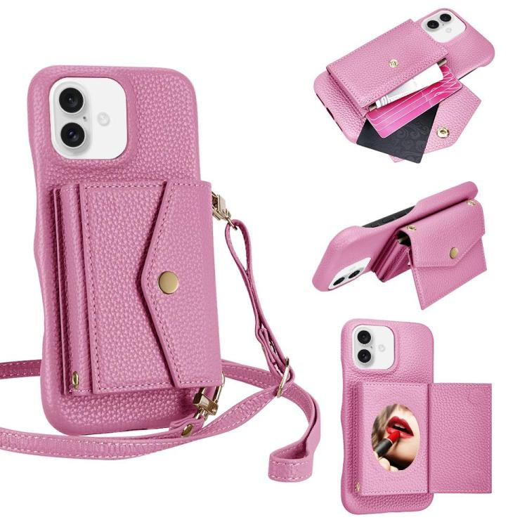 For iPhone 16 Plus Litchi Texture Horizontal Card Bag Holder Phone Case with Long Lanyard(Pink) - iPhone 16 Plus Cases by buy2fix | Online Shopping UK | buy2fix