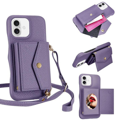 For iPhone 16 Plus Litchi Texture Horizontal Card Bag Holder Phone Case with Long Lanyard(Purple) - iPhone 16 Plus Cases by buy2fix | Online Shopping UK | buy2fix