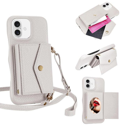 For iPhone 16 Plus Litchi Texture Horizontal Card Bag Holder Phone Case with Long Lanyard(White) - iPhone 16 Plus Cases by buy2fix | Online Shopping UK | buy2fix