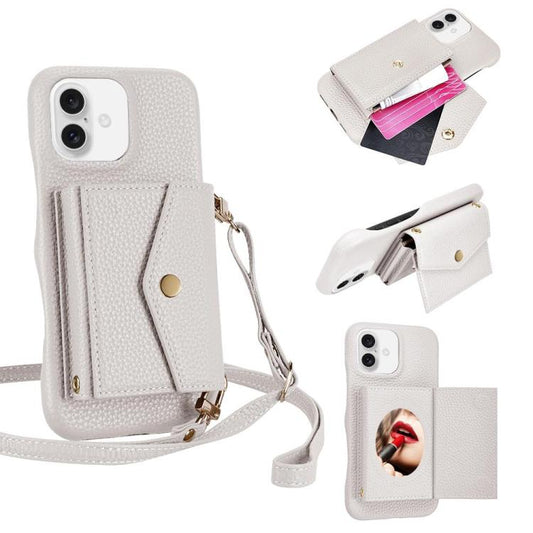 For iPhone 16 Plus Litchi Texture Horizontal Card Bag Holder Phone Case with Long Lanyard(White) - iPhone 16 Plus Cases by buy2fix | Online Shopping UK | buy2fix