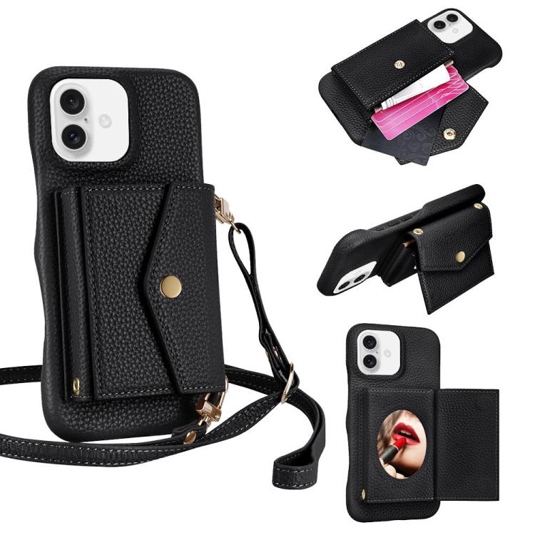 For iPhone 16 Litchi Texture Horizontal Card Bag Holder Phone Case with Long Lanyard(Black) - iPhone 16 Cases by buy2fix | Online Shopping UK | buy2fix