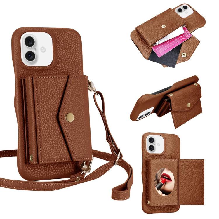 For iPhone 16 Litchi Texture Horizontal Card Bag Holder Phone Case with Long Lanyard(Brown) - iPhone 16 Cases by buy2fix | Online Shopping UK | buy2fix