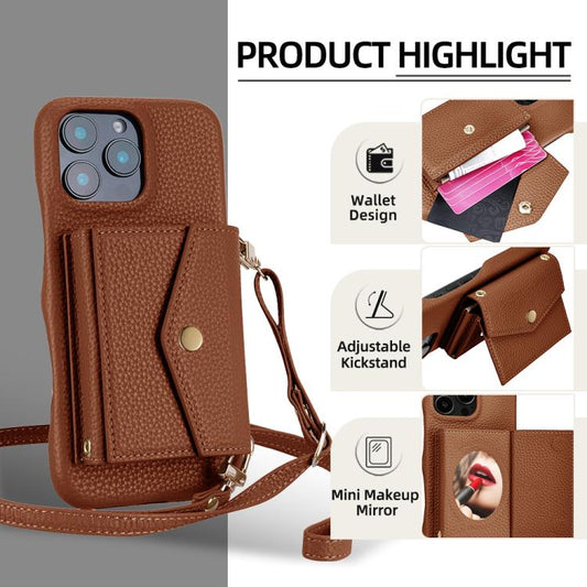 For iPhone 16 Litchi Texture Horizontal Card Bag Holder Phone Case with Long Lanyard(Brown) - iPhone 16 Cases by buy2fix | Online Shopping UK | buy2fix