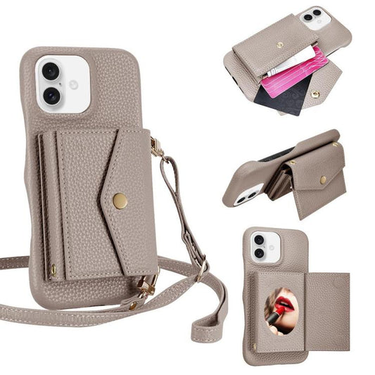 For iPhone 16 Litchi Texture Horizontal Card Bag Holder Phone Case with Long Lanyard(Grey) - iPhone 16 Cases by buy2fix | Online Shopping UK | buy2fix