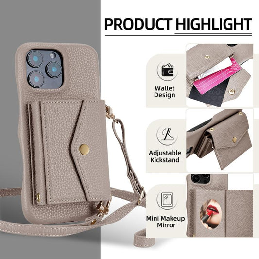 For iPhone 16 Litchi Texture Horizontal Card Bag Holder Phone Case with Long Lanyard(Grey) - iPhone 16 Cases by buy2fix | Online Shopping UK | buy2fix