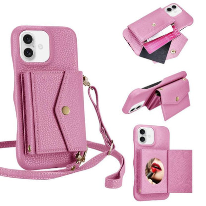For iPhone 16 Litchi Texture Horizontal Card Bag Holder Phone Case with Long Lanyard(Pink) - iPhone 16 Cases by buy2fix | Online Shopping UK | buy2fix