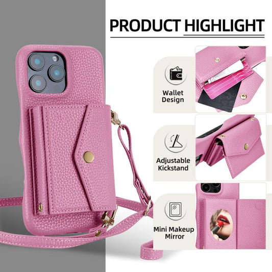 For iPhone 16 Litchi Texture Horizontal Card Bag Holder Phone Case with Long Lanyard(Pink) - iPhone 16 Cases by buy2fix | Online Shopping UK | buy2fix