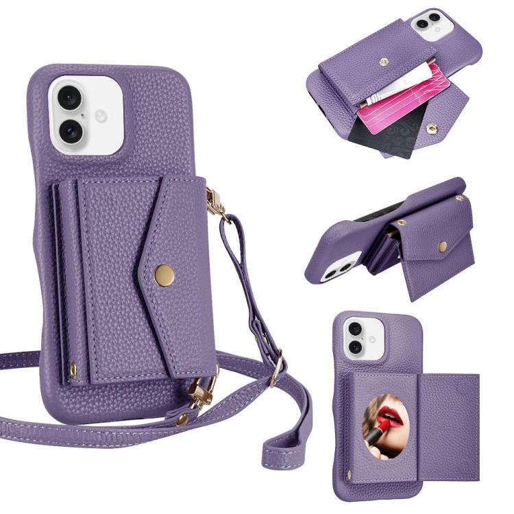 For iPhone 16 Litchi Texture Horizontal Card Bag Holder Phone Case with Long Lanyard(Purple) - iPhone 16 Cases by buy2fix | Online Shopping UK | buy2fix