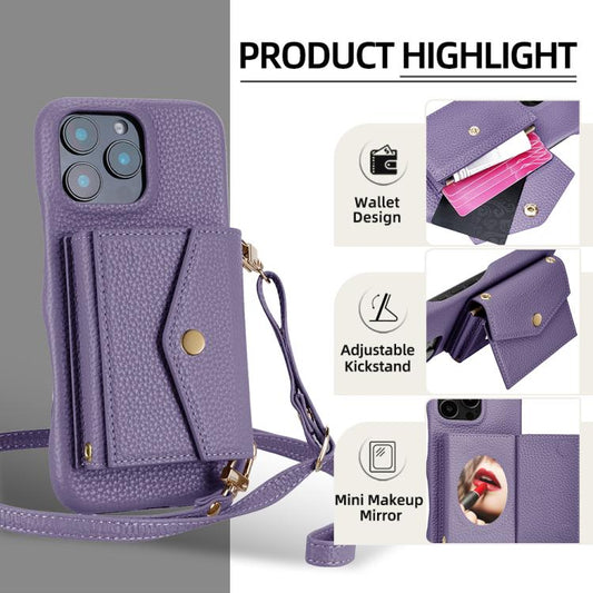 For iPhone 16 Litchi Texture Horizontal Card Bag Holder Phone Case with Long Lanyard(Purple) - iPhone 16 Cases by buy2fix | Online Shopping UK | buy2fix