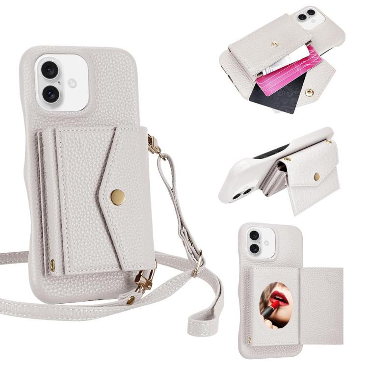 For iPhone 16 Litchi Texture Horizontal Card Bag Holder Phone Case with Long Lanyard(White) - iPhone 16 Cases by buy2fix | Online Shopping UK | buy2fix