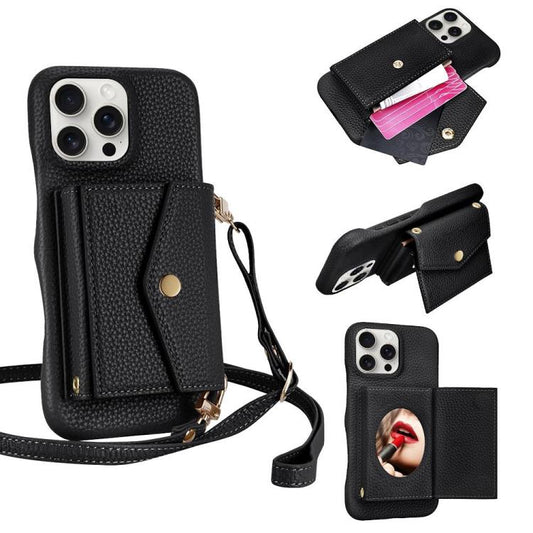 For iPhone 15 Pro Max Litchi Texture Horizontal Card Bag Holder Phone Case with Long Lanyard(Black) - iPhone 15 Pro Max Cases by buy2fix | Online Shopping UK | buy2fix