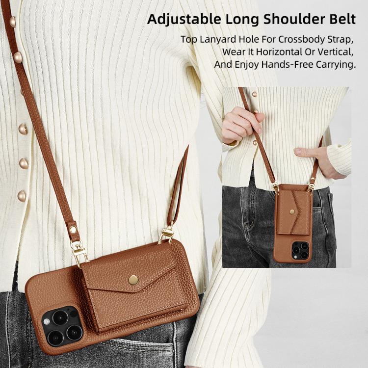 For iPhone 15 Pro Max Litchi Texture Horizontal Card Bag Holder Phone Case with Long Lanyard(Brown) - iPhone 15 Pro Max Cases by buy2fix | Online Shopping UK | buy2fix