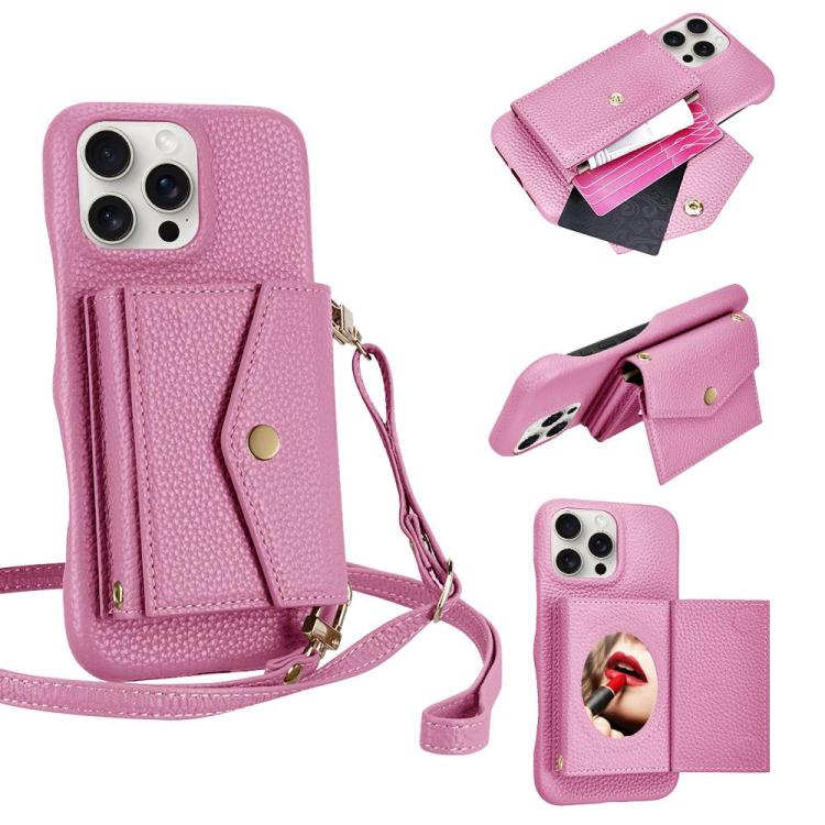 For iPhone 15 Pro Max Litchi Texture Horizontal Card Bag Holder Phone Case with Long Lanyard(Pink) - iPhone 15 Pro Max Cases by buy2fix | Online Shopping UK | buy2fix
