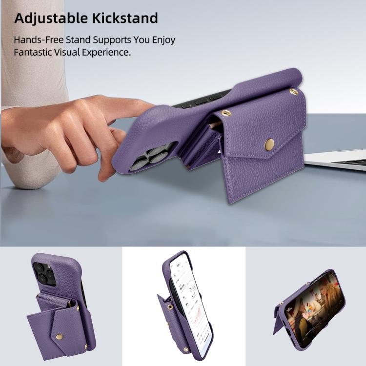 For iPhone 15 Pro Max Litchi Texture Horizontal Card Bag Holder Phone Case with Long Lanyard(Purple) - iPhone 15 Pro Max Cases by buy2fix | Online Shopping UK | buy2fix
