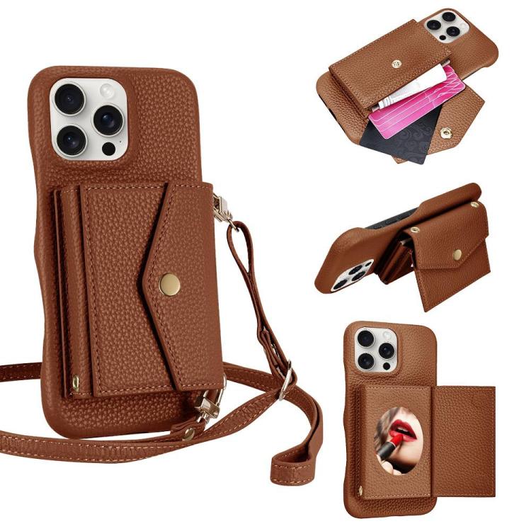 For iPhone 15 Pro Litchi Texture Horizontal Card Bag Holder Phone Case with Long Lanyard(Brown) - iPhone 15 Pro Cases by buy2fix | Online Shopping UK | buy2fix