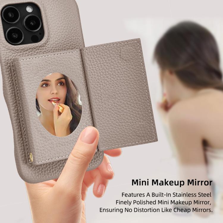 For iPhone 15 Pro Litchi Texture Horizontal Card Bag Holder Phone Case with Long Lanyard(Grey) - iPhone 15 Pro Cases by buy2fix | Online Shopping UK | buy2fix