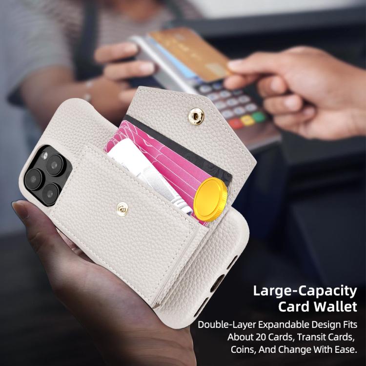 For iPhone 15 Pro Litchi Texture Horizontal Card Bag Holder Phone Case with Long Lanyard(White) - iPhone 15 Pro Cases by buy2fix | Online Shopping UK | buy2fix