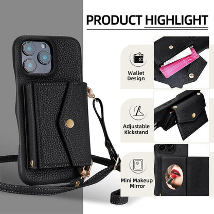 For iPhone 15 Plus Litchi Texture Horizontal Card Bag Holder Phone Case with Long Lanyard(Black) - iPhone 15 Plus Cases by buy2fix | Online Shopping UK | buy2fix