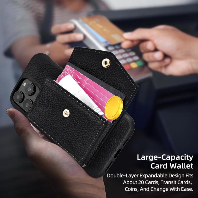 For iPhone 15 Plus Litchi Texture Horizontal Card Bag Holder Phone Case with Long Lanyard(Black) - iPhone 15 Plus Cases by buy2fix | Online Shopping UK | buy2fix